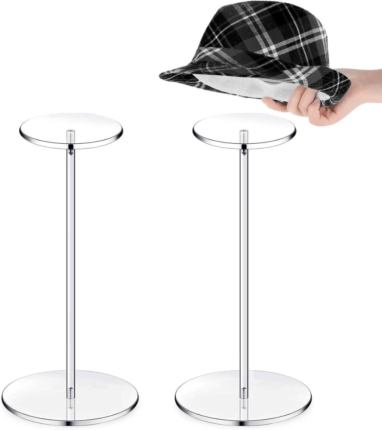2-Pack Clear Acrylic Hat Display Stands for Caps, Wigs, Helmets - 12 Inch Riser with Round Base