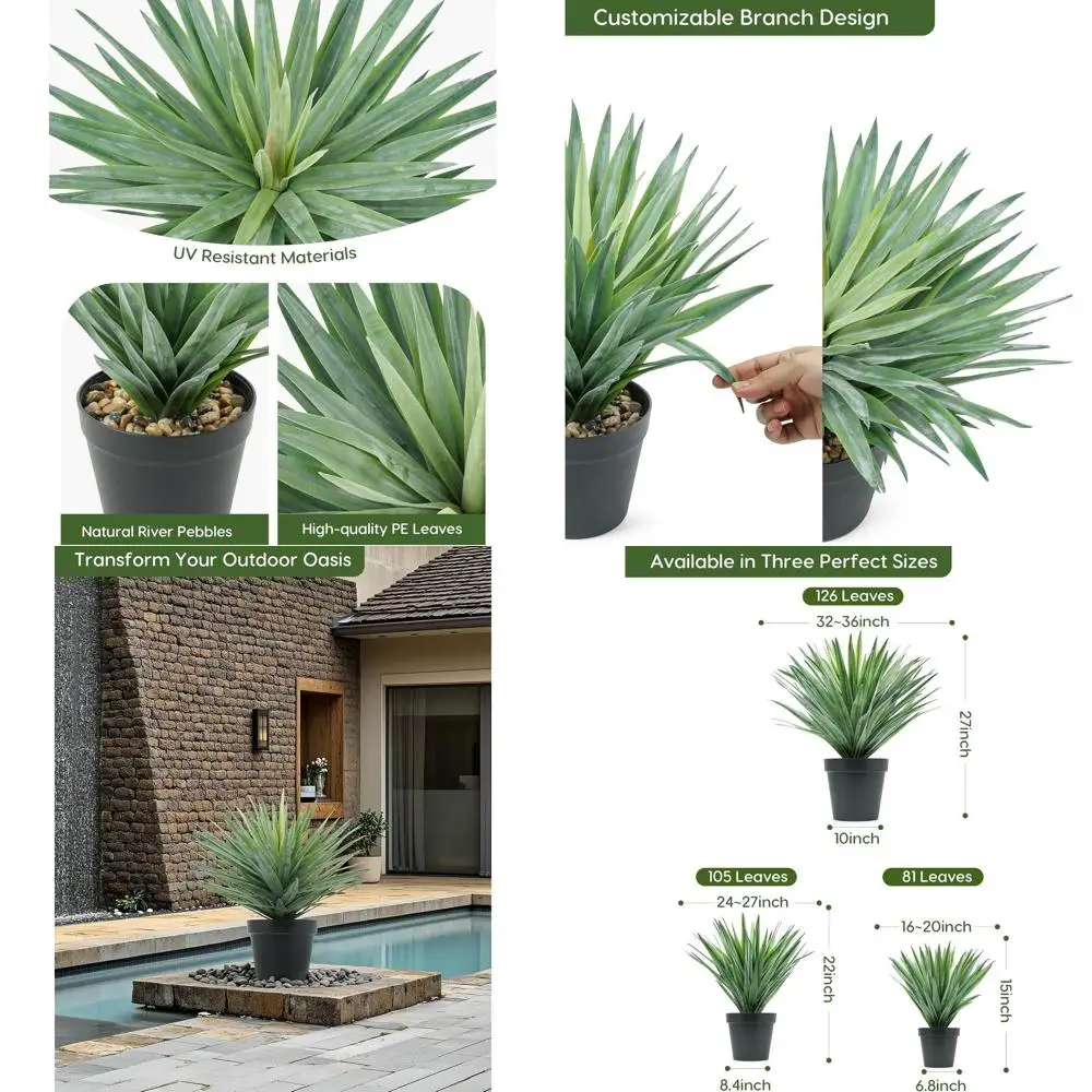 

22-Inch Tall Artificial Agave in Black Pot with Real Stone Pebbles, Suitable for Indoor and Outdoor Use