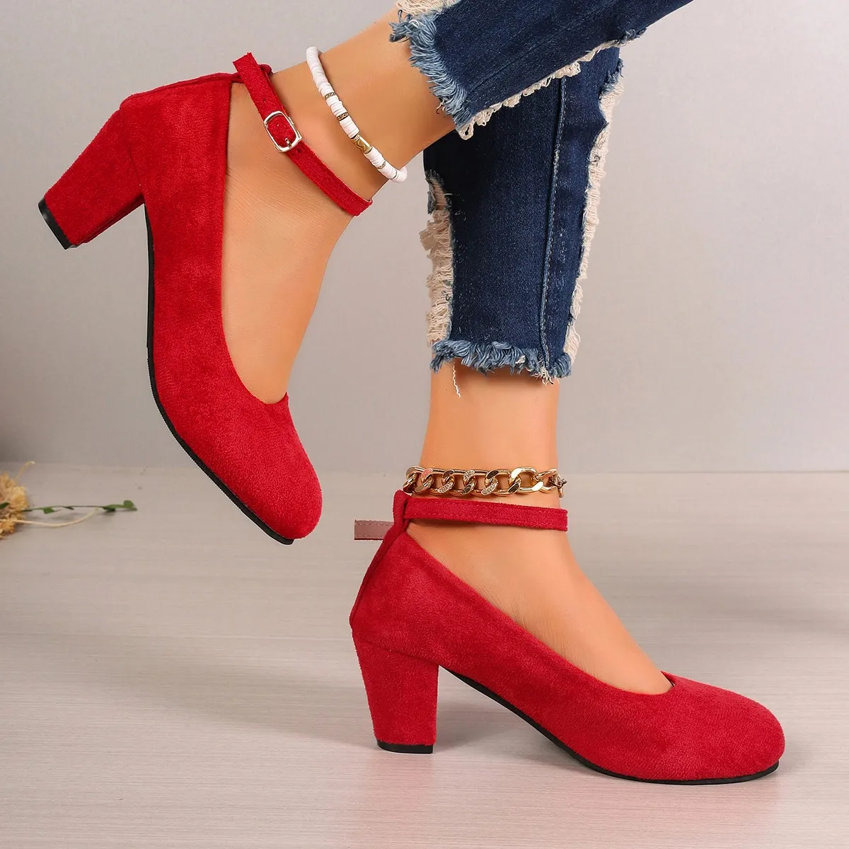 Women Sexy Black Ankle Strap High Heels Autumn Woman Flock Round Toe Pumps Female Suede Buckle Fashion Shallow Pumps