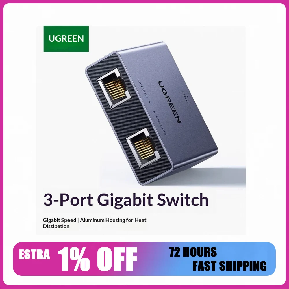 UGREEN 35597 NW301 3 Port Gigabit Ethernet Switch RJ45 Network Splitter Adapter for Computer Router