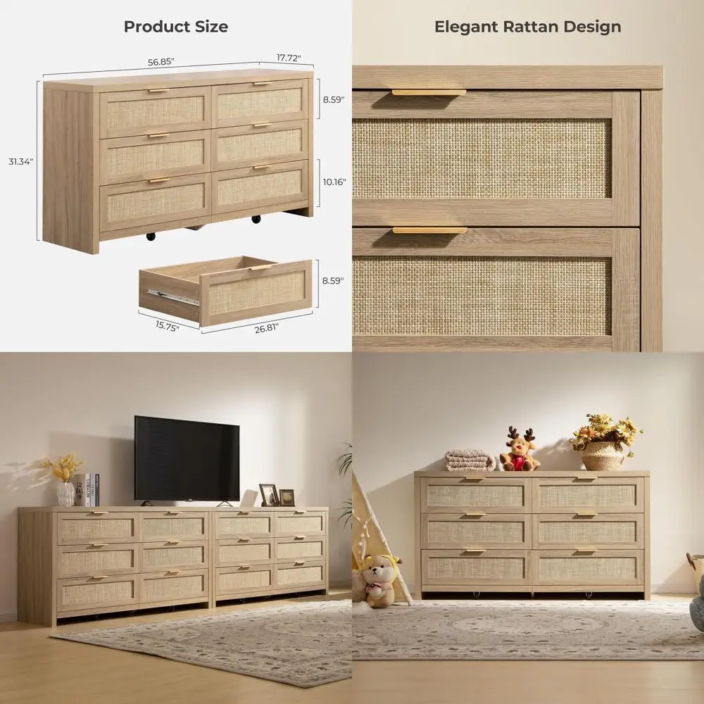 

Широкий спальный гарнитур 57 с комодом на 6 ящиков, большим шкафом, гардеробом и тумбой под телевизор в стиле бохо, отделка из состаренного светлого дуба