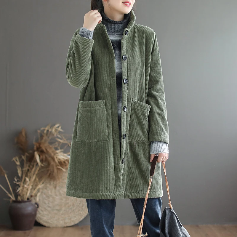 

Thiened Corduroy Cotton Jaet Women's Winter Warm Outerwear Fce Lined Mid-Length Coat Korean Sle Long Sve