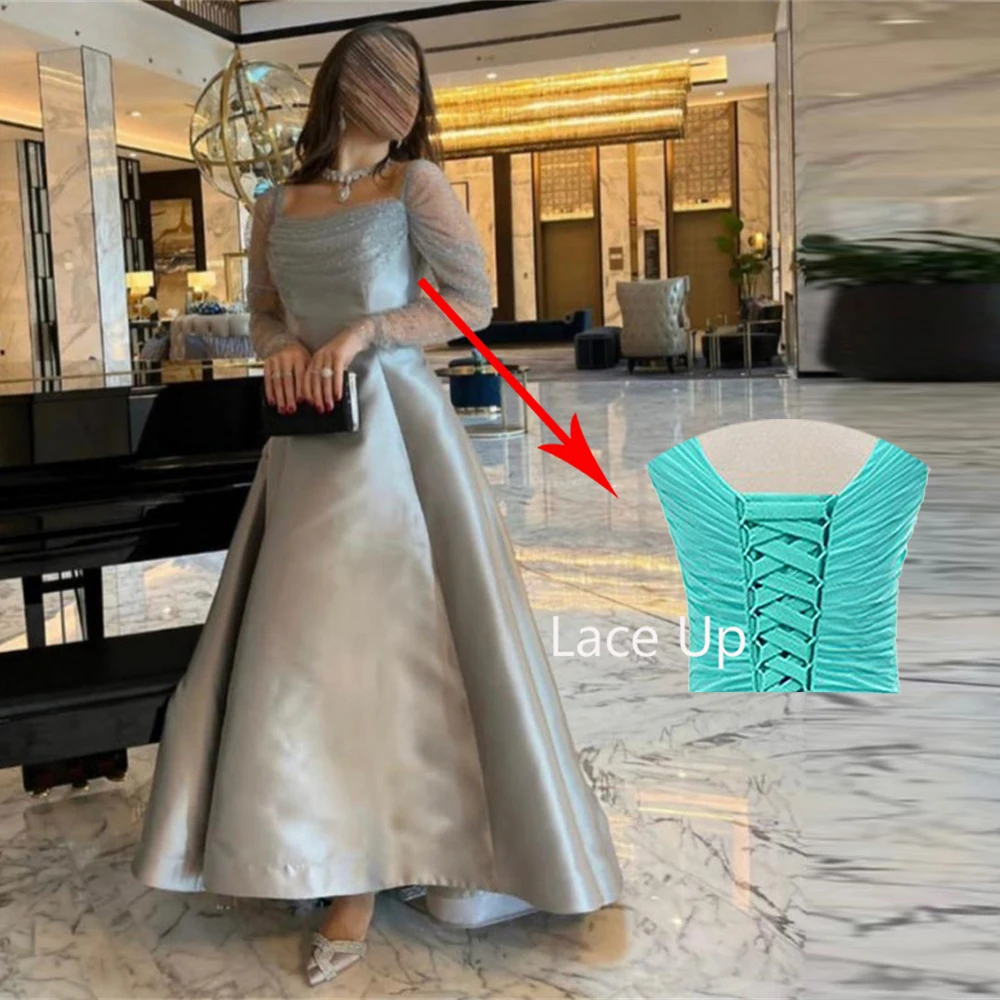 Fashion Gray Square Collar A-Line Satin Formal Occasion Prom Dresses Floor-length Women Evening Party Dress  فساتين السهرة