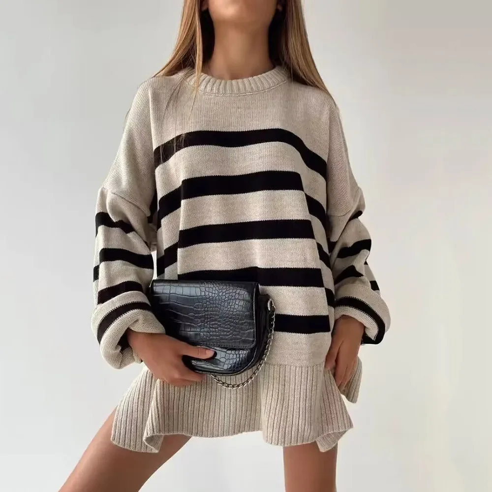 فضفاض سويتر مقلم الروسية Tiktok موقع ئي باي أتمنى البوليستر رايون جولة الرقبة طويلة الأكمام الطازجة الحلو نمط المرأة محبوك سترة #2