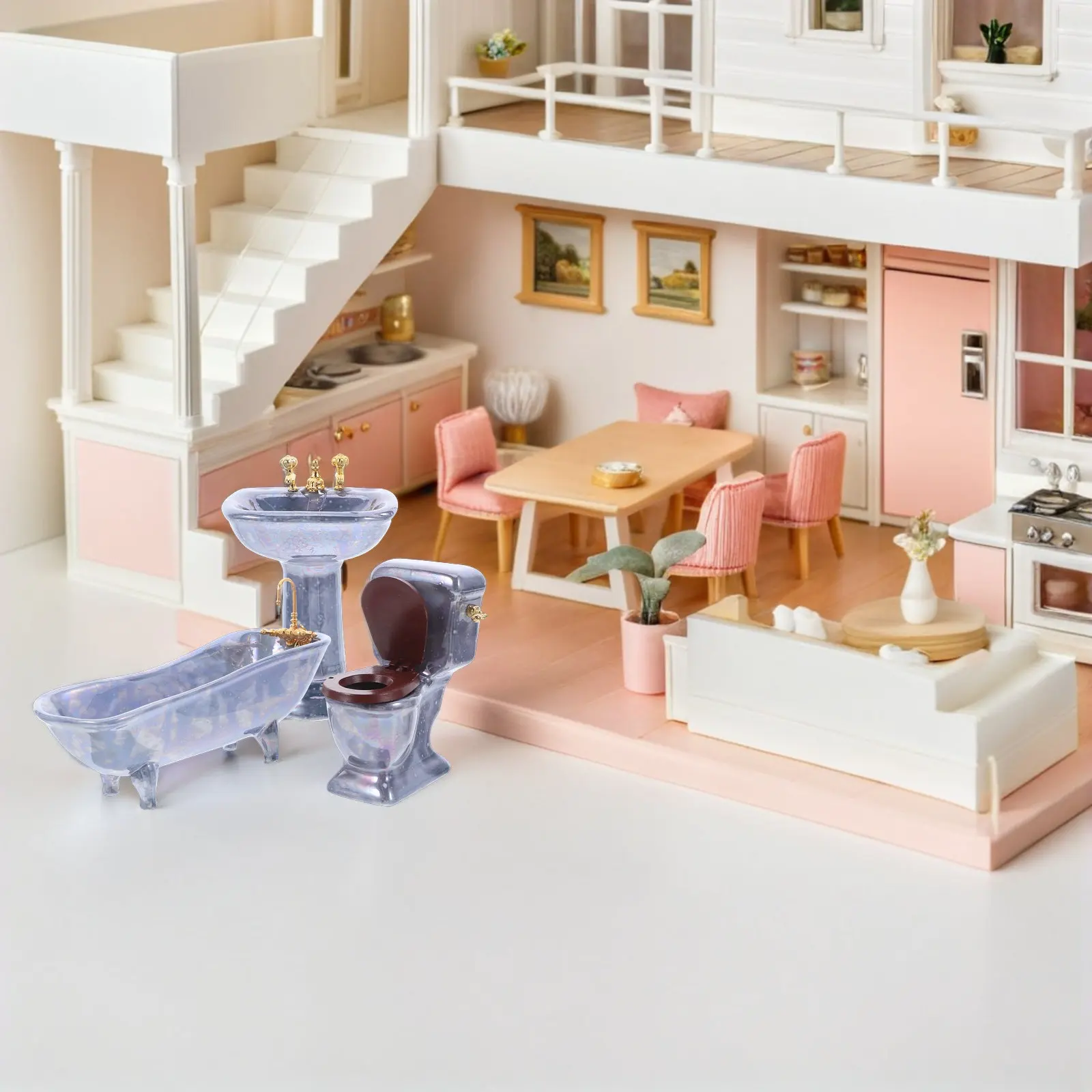 1Set Miniature Bathroom Set Authentic Dollhouse Bathroom Set Bathtub Toilet Sink Mirror Sturdy Material Mini Interior Decoration