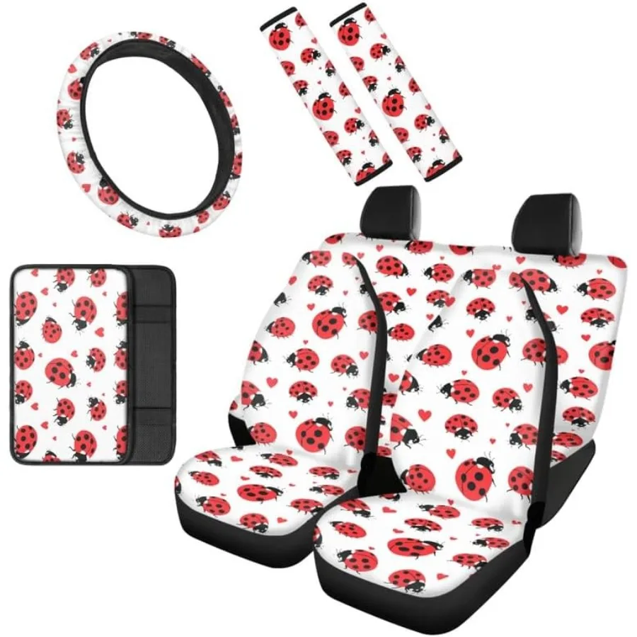 Cartoon Ladybug Print Washable Car Seat Covers with Seat Belt Covers for Easy Installation Cute Animal Design in Red Ladybugs B