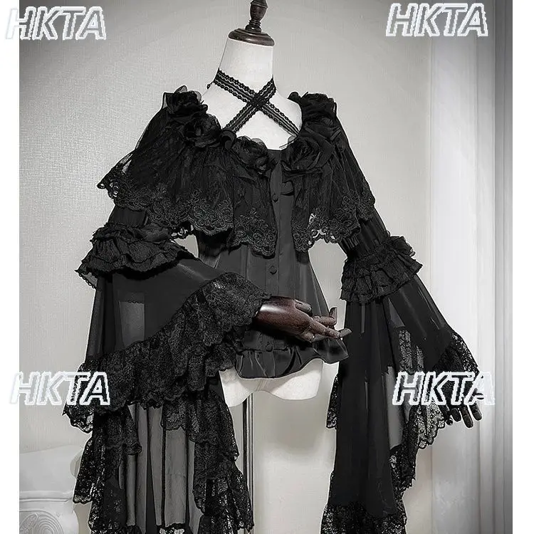 Original Dark Gothic Shirts Cosplay Y2K Princess Sleeve Lace Shirt 2026 Spring/summer New  Floral Rose Design Black White Blouse