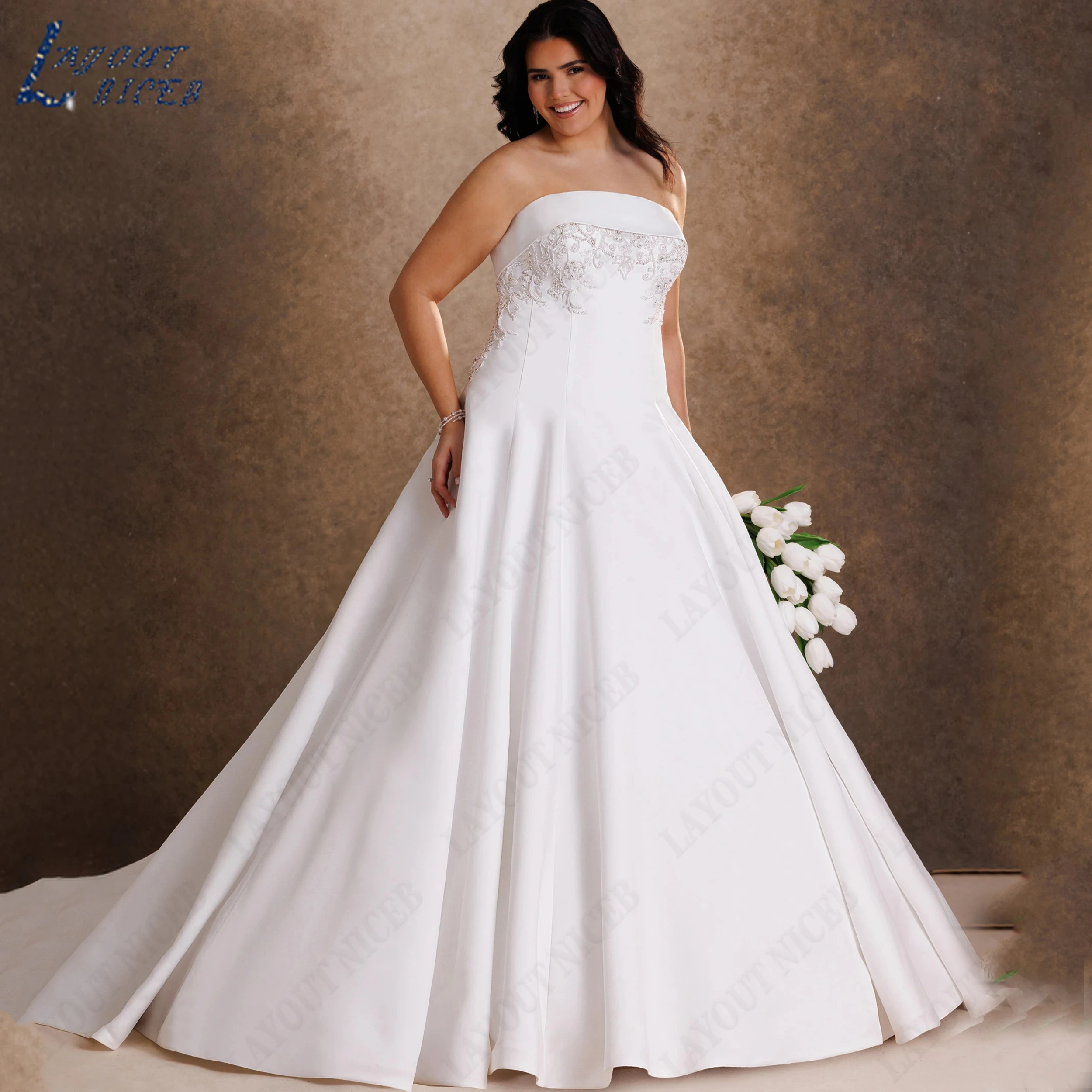LAYOUT NICEB Customized Satin Plus Size Wedding Dress Strapless A Line Bridal Gown Beaded Applique Formal Bride Dresses Elegant