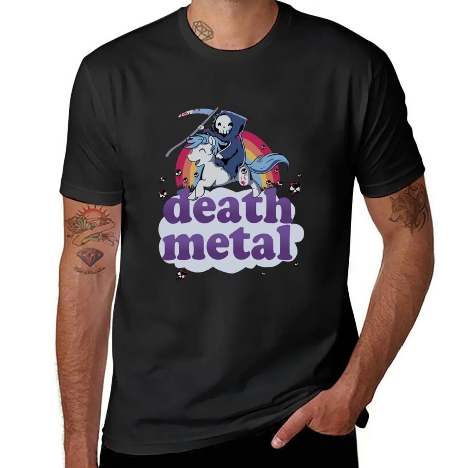 

Death Metal - The Grim Reaper Riding a Unicorn in Front of a Rainbow Design! T-Shirt animal prinfor boys men t shirt