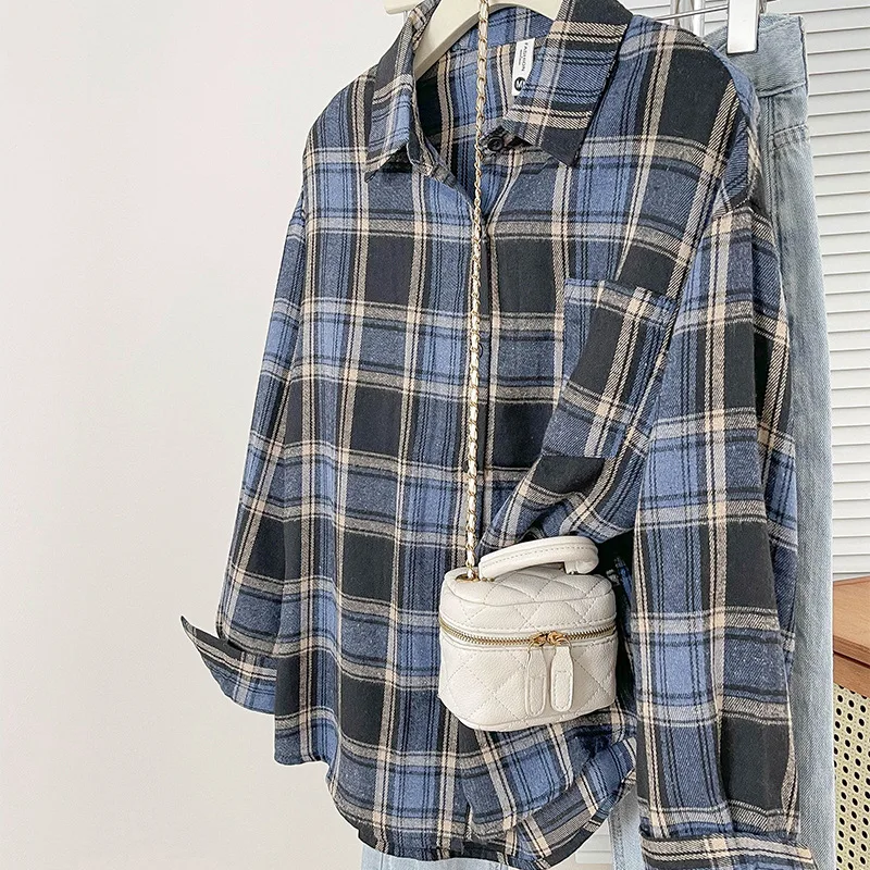 

American Plaid Shirt Women's Spring and Autumn Hong Kong Style Loose Casual Fashion Top New High-end Retro Coat