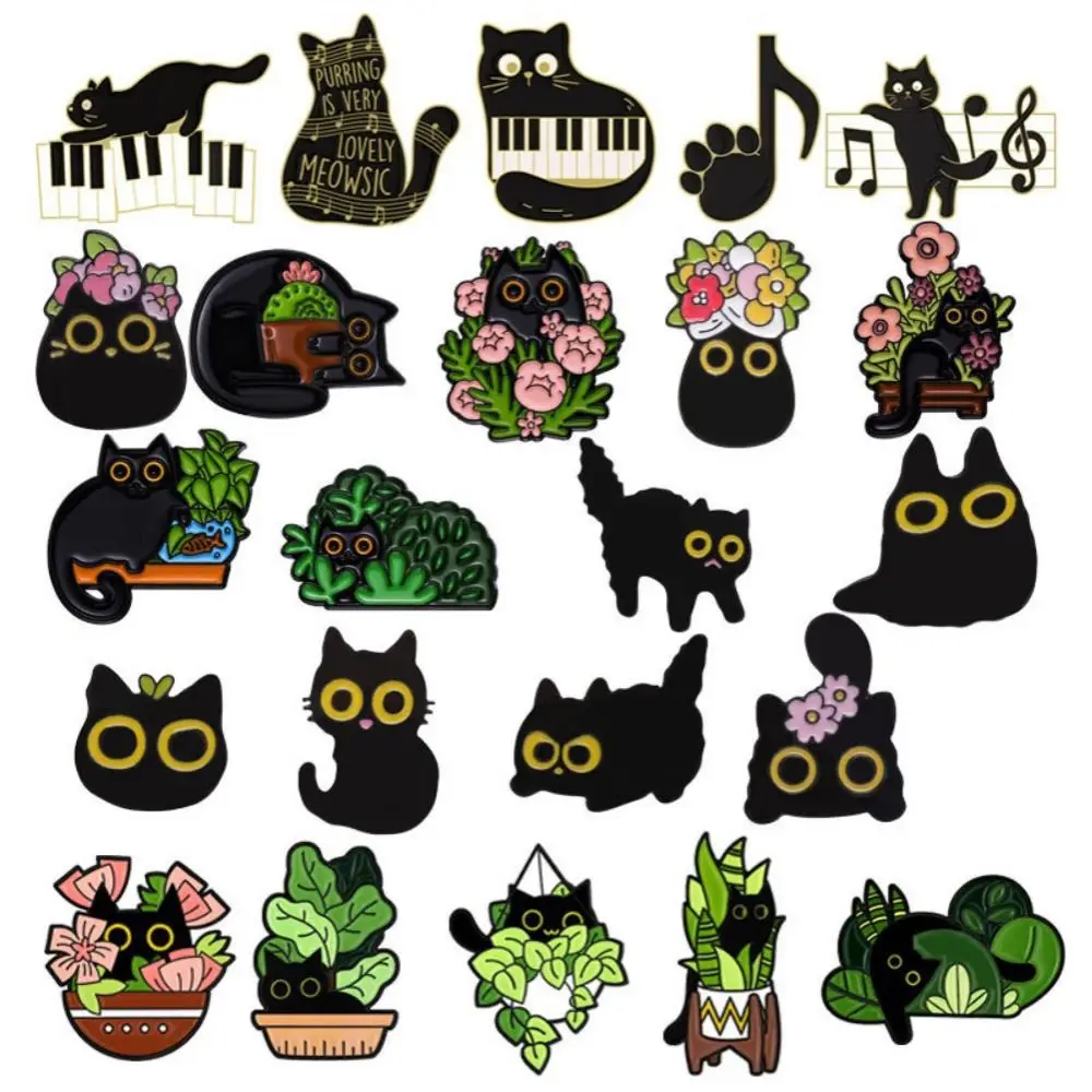 Épingles en émail de chats noirs de dessin animé, broches de chaton de grands yeux, insignes de revers d'animaux floraux, métal mignon, style coréen, cadeau de bijoux drôle