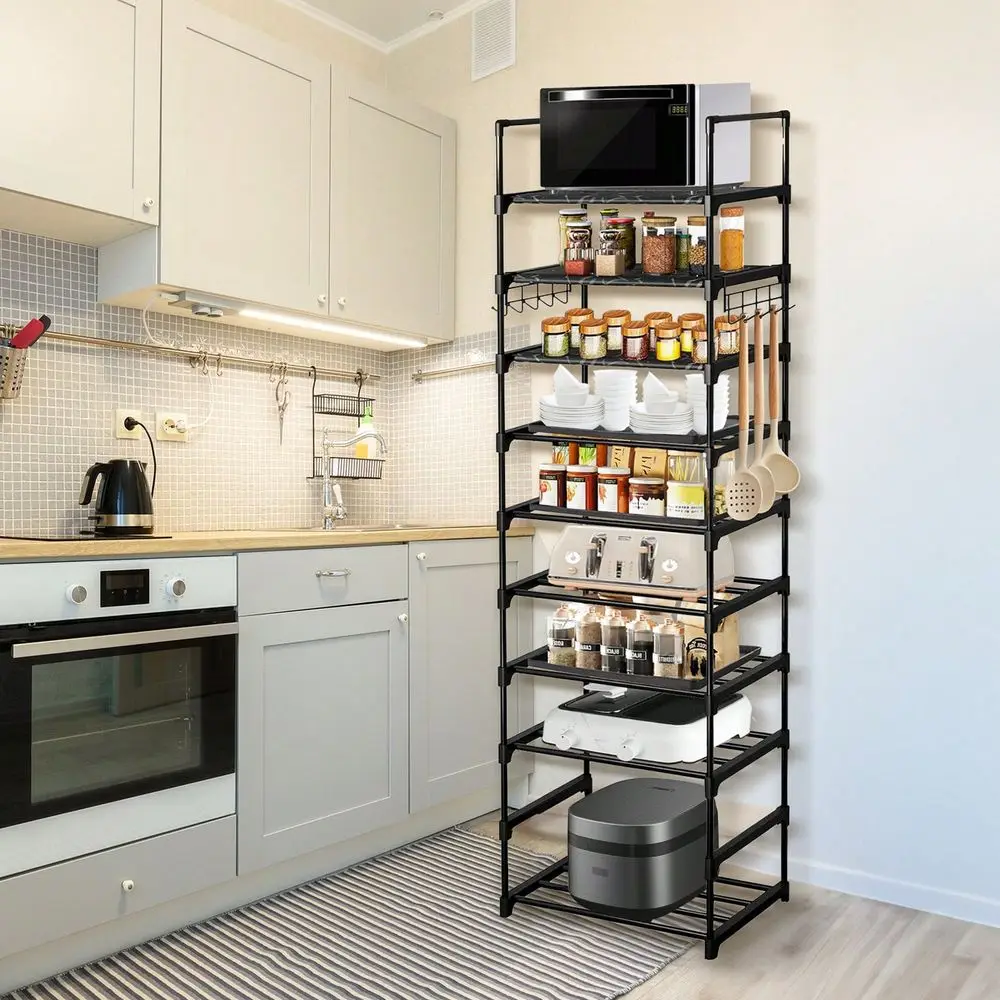 10Tier Adjustable Kitchen Cabinet Organizer Matte Black Metal Shelf For Spices, Cookware, Appliances Heavy Duty Modular Pantry