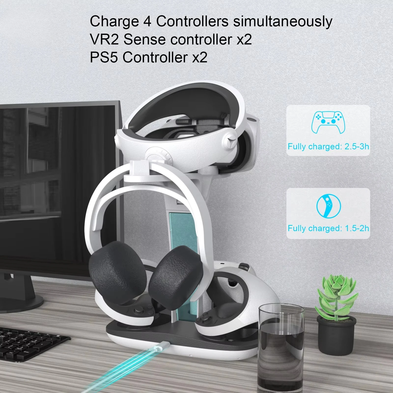 new JYS-P5156 For PS5 VR2 controller cooling fan LED charge indication individual sense RGB lighting With Headphone Stand Holder