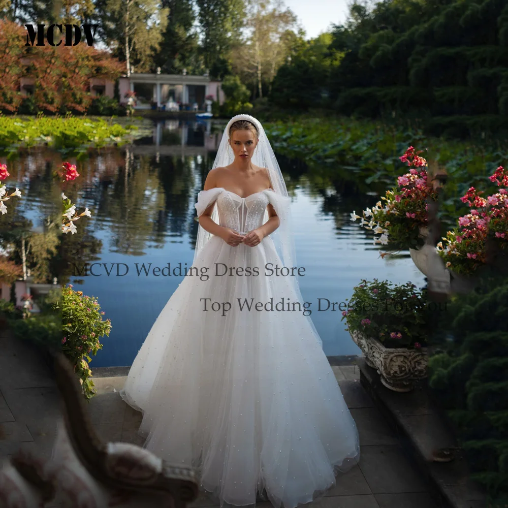 

MCDV Off the Shoulder Wedding Dresses for Women A-line Beaded Pleat Sweetheart Beading Lacing Up Robe De Mariee Customized