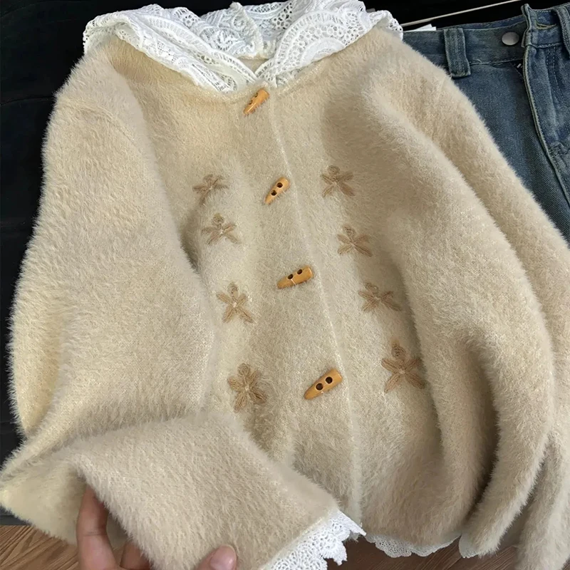 

Волосатый укороченный кардиган с капюшоном, женский милый кружевной лоскутный свитер с роговыми пуговицами, с длинным рукавом, с цветочным принтом Kawaii, повседневные корейские шикарные топы