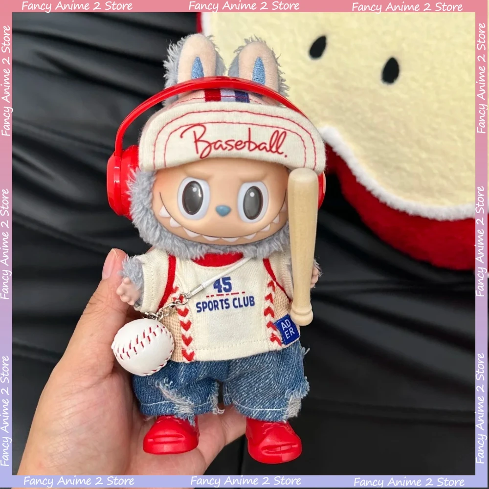Honkbal Sport Uniform Cap Hoofdtelefoon Bal Bat Schoenen Kleding Set voor V1 V2 V3 Labubu Mini Pluche Pop Kleding Mode Accessoires