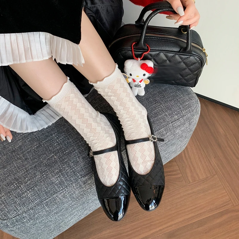 Women's new spring and autumn genuine leather sheepskin low heel checkered buckle color blocked round toe Mary Jane single shoe
