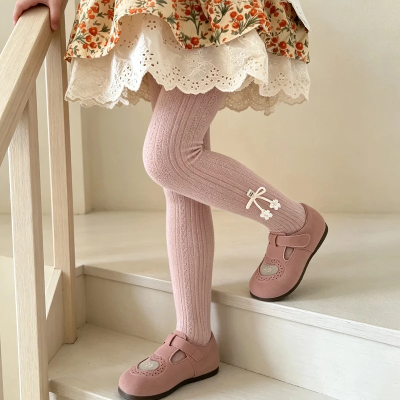 Sweet Little Girls Solid‑Tone Breathable Pantyhose Tiny Floral Prints And Cute Flower Bows Comfortable Soft Skin‑Friendly Tights