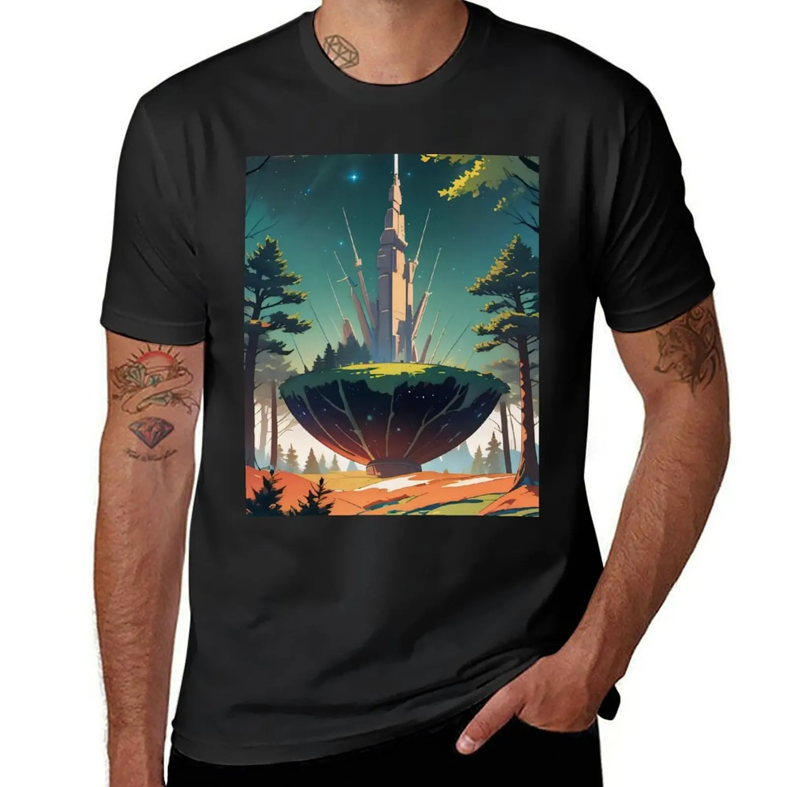 

Futuristic City in a Forest Reflecting the Night Sky T-Shirt summer clothes blacks plain t shirts men