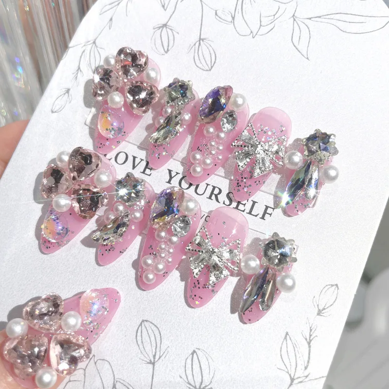 Ins Large Crystal False Nails 3D Rhinestone Pearl Decor Bridal Fake Nail Patch Shiny Korean Wedding Artificial Nail Art Tips