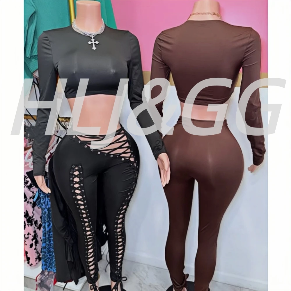 HLJ Moda Y2K, dwuczęściowe zestawy z bandażami i patchworkiem, damskie, jednokolorowe, z długim rękawem, crop top i spodnie, pasujące do siebie, odzież uliczna dla kobiet.