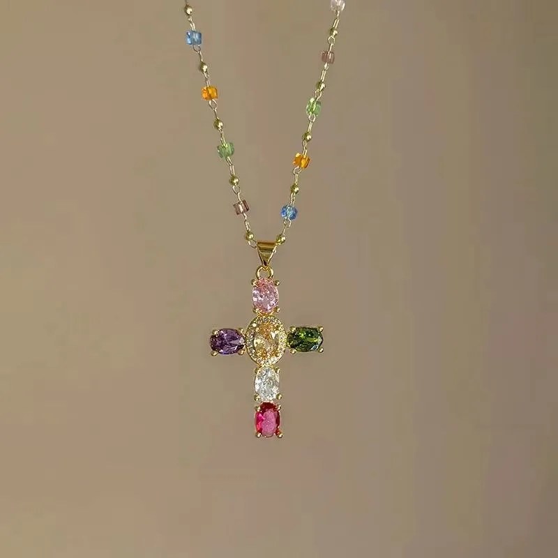 1Pc Golden Color Beaded Chain Cross Pendant Necklace, Vibrant Multicolor Oval Rhinestone Cross Necklace