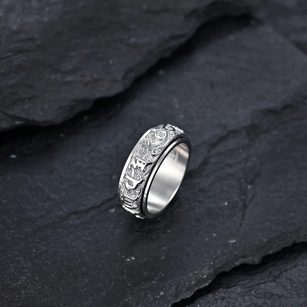 Good Luck Mantra Tibetan Prayer Chinese Element Taoist Rings Titanium Steel Men Rings Rotatable Chinese Characters Jewelry