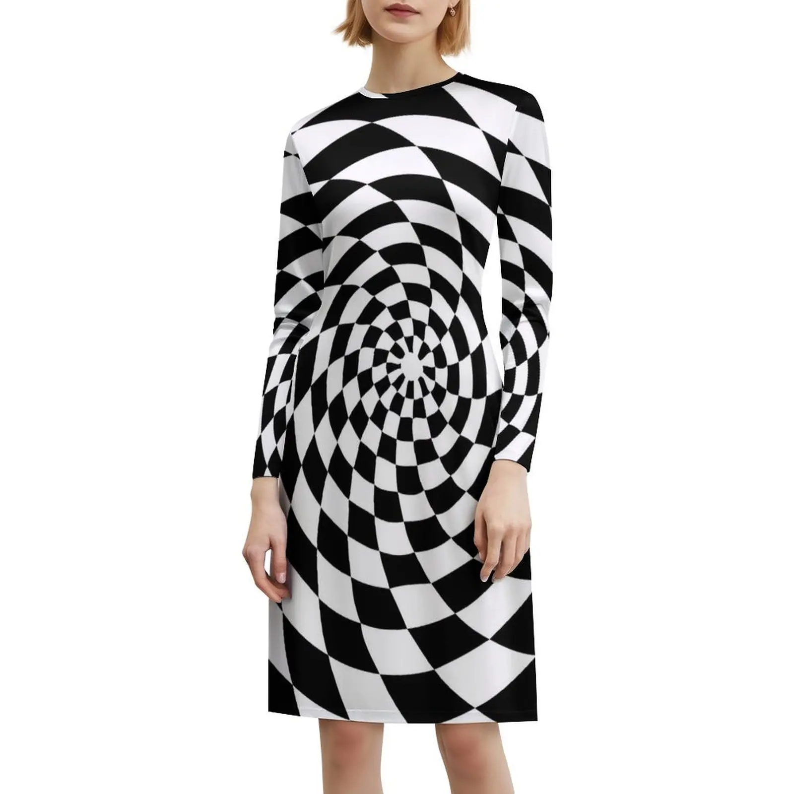 الوهم البصري Op Art فستان بوهيمي أبيض وأسود بدون أكمام للنساء طباعة فساتين حفلات الشاطئ الوهم البصري الرجعية #6