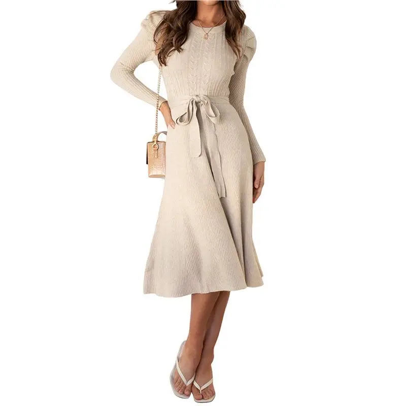 ABP-Women's Long Sleeve Crewneck Tie Waist A-Line Swing Casual Bodycon Ribbed Knit Fall Sweater Dress