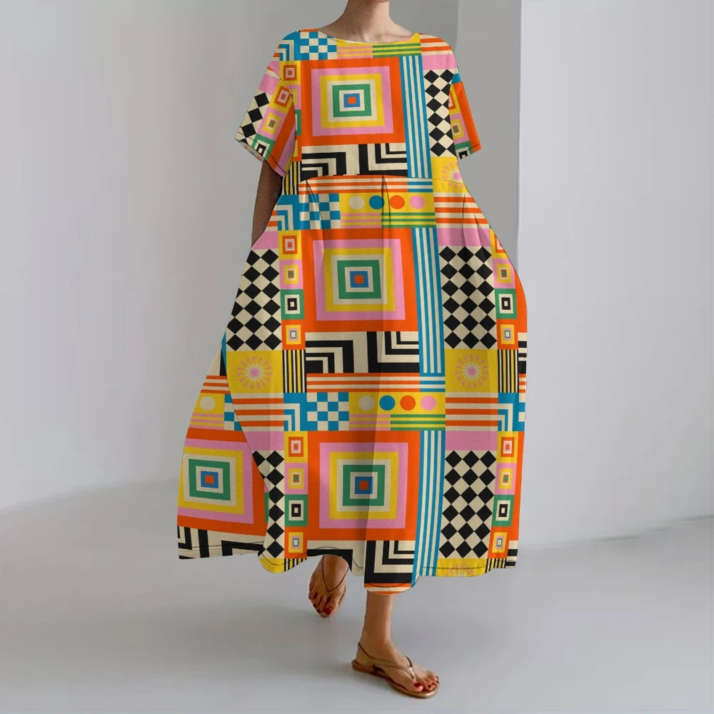 

Vibrant Geometric Dress Multicolored Pattern Long Skirt Trendy Geometric Print Dress For Modern Fashion Lovers Casual Party Wear