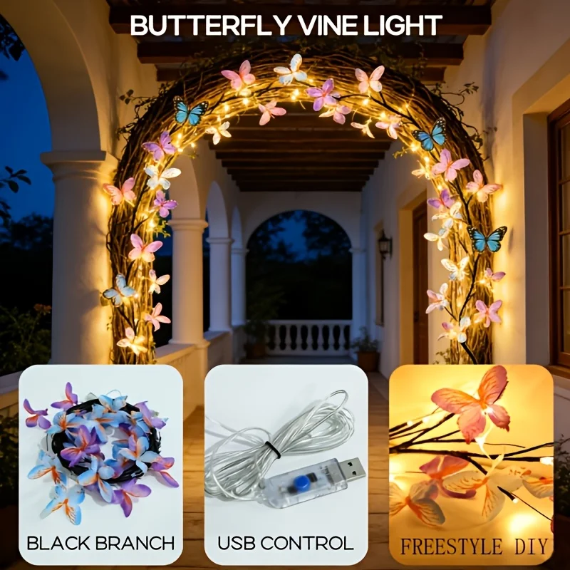 Bendable LED Willow Vine Butterfly String Lights, USB 8 Lighting Modes for Garden Bedroom Wall Home Mother's Day Decor