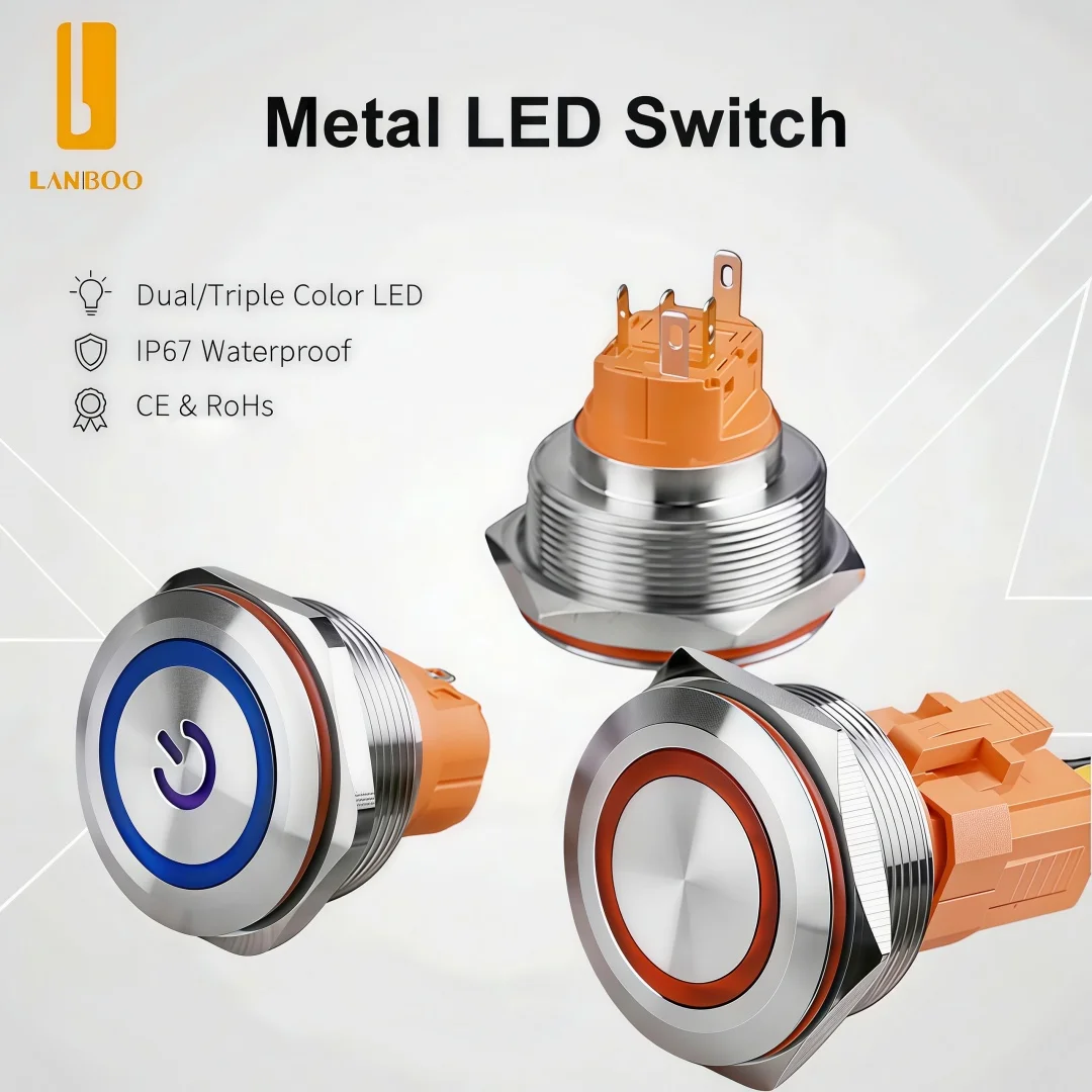LANBOO 30mm Momentary or Latching Switch with LED Metal Push Button Switch 1NO1NC/2NO2NC