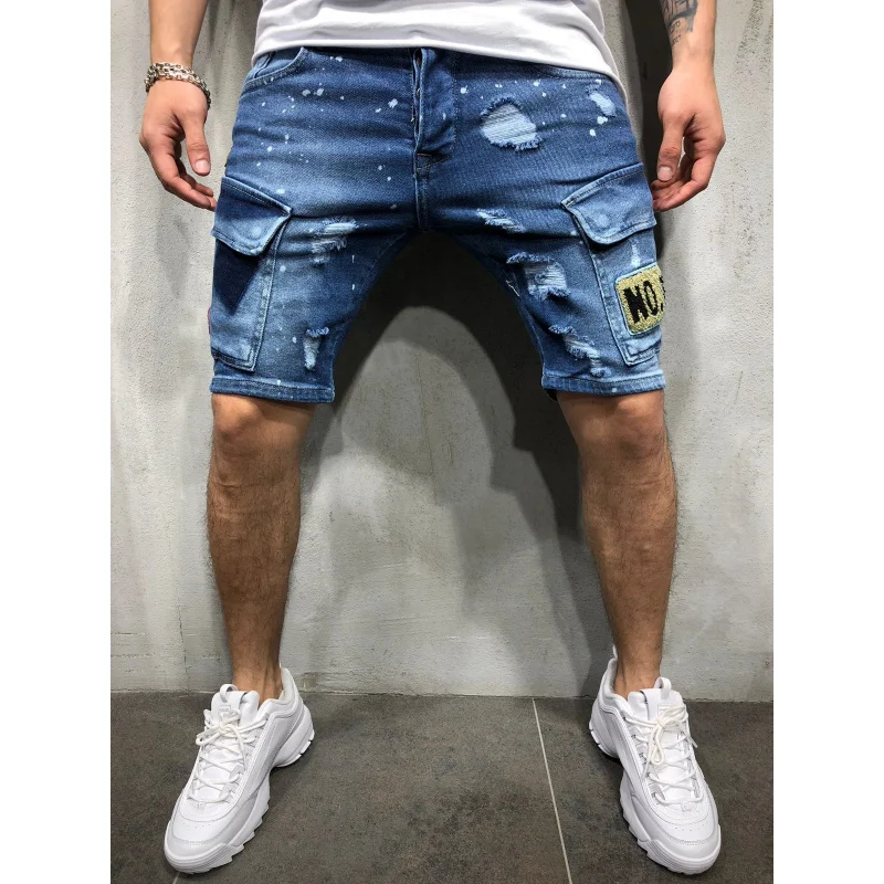 

Men'S Jeans New Style Ripped Men'S Mid-Length Pants European Style Men'S Badge Mid-Length Pants