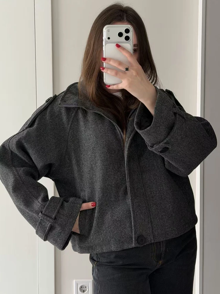 FSMG Vintage Loose Stand Collar Woolen Coat for Women Casual Solid Full Sleeve Warm Cropped Overcoat Fashion High Street Outwear