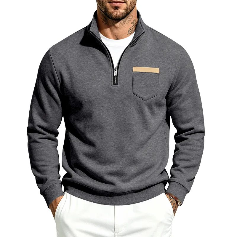 Men 2026 Autumn Winter Hot Item Fleece Lined Stand Collar Loose Vintage Sweatshirt Casual Commuter Fashion Male Daily Outerwear