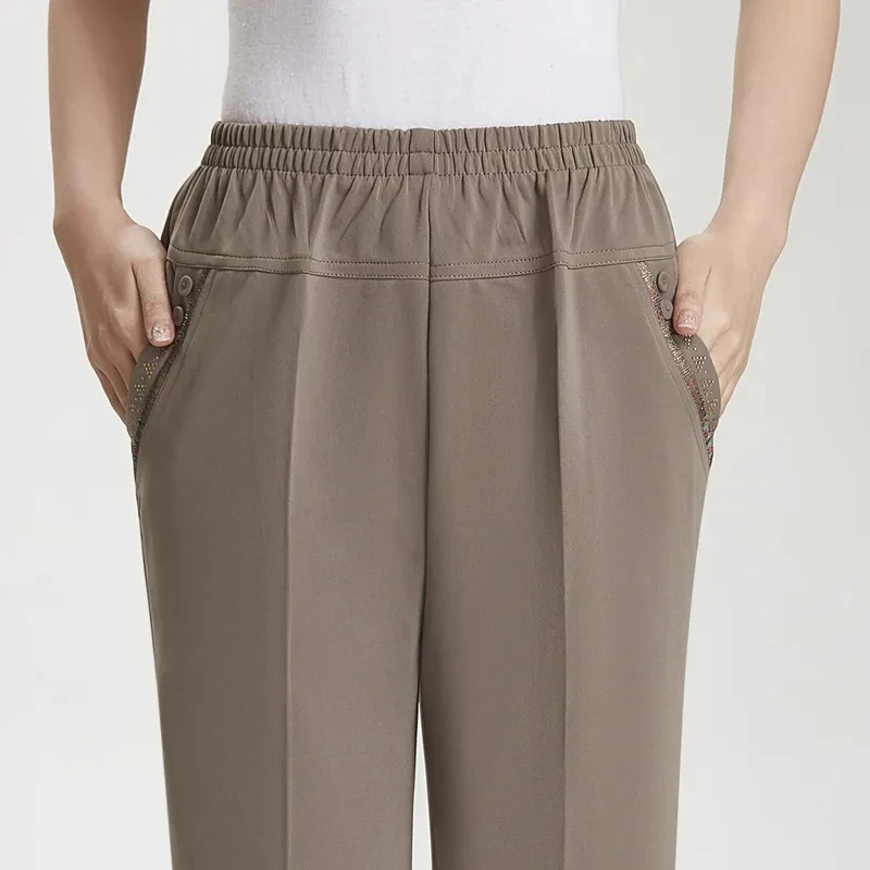 Pantalones elásticos de seda de hielo para mujer, pantalón XL-7XL de talla grande, cintura elástica, informal, para madres de mediana edad, primavera y verano