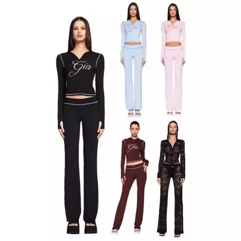 

Street Sle Hot Girl Casual Print Slim Fit Leopard Print Low Waist Flared Pants Zipper Open Cardigan Faion Set for Women