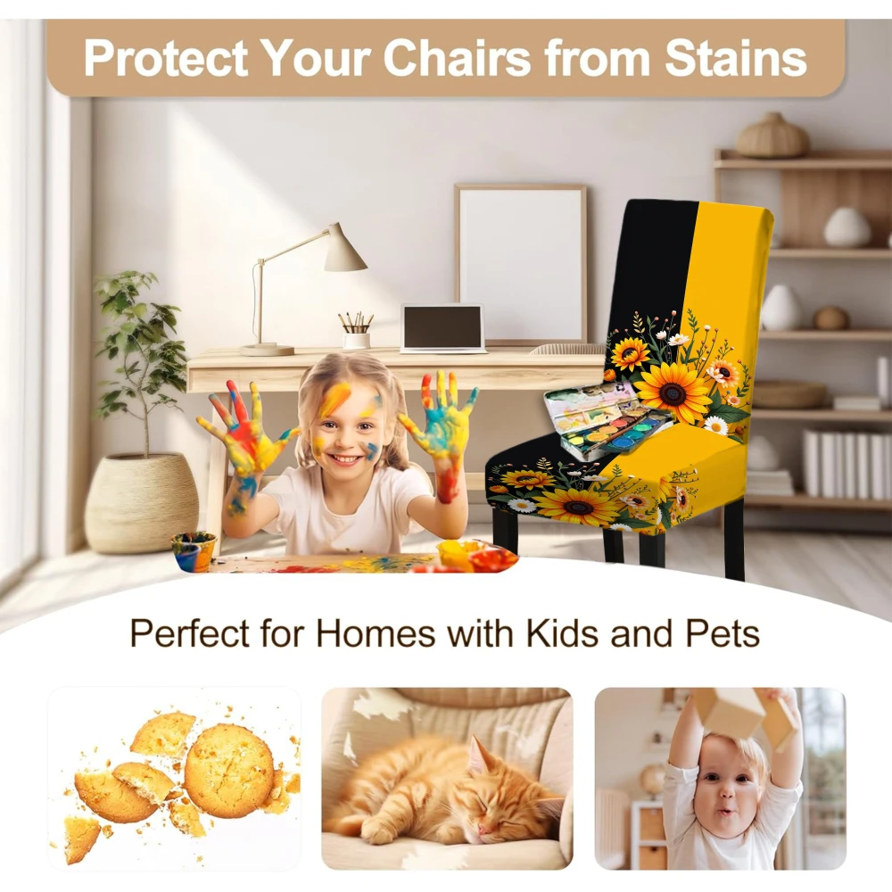 4/6 قطعة غطاء كرسي مرن نمط عباد الشمس تمتد غرفة الطعام مقعد حامي أصفر أسود الأزهار الأثاث يغطي مجموعة #5