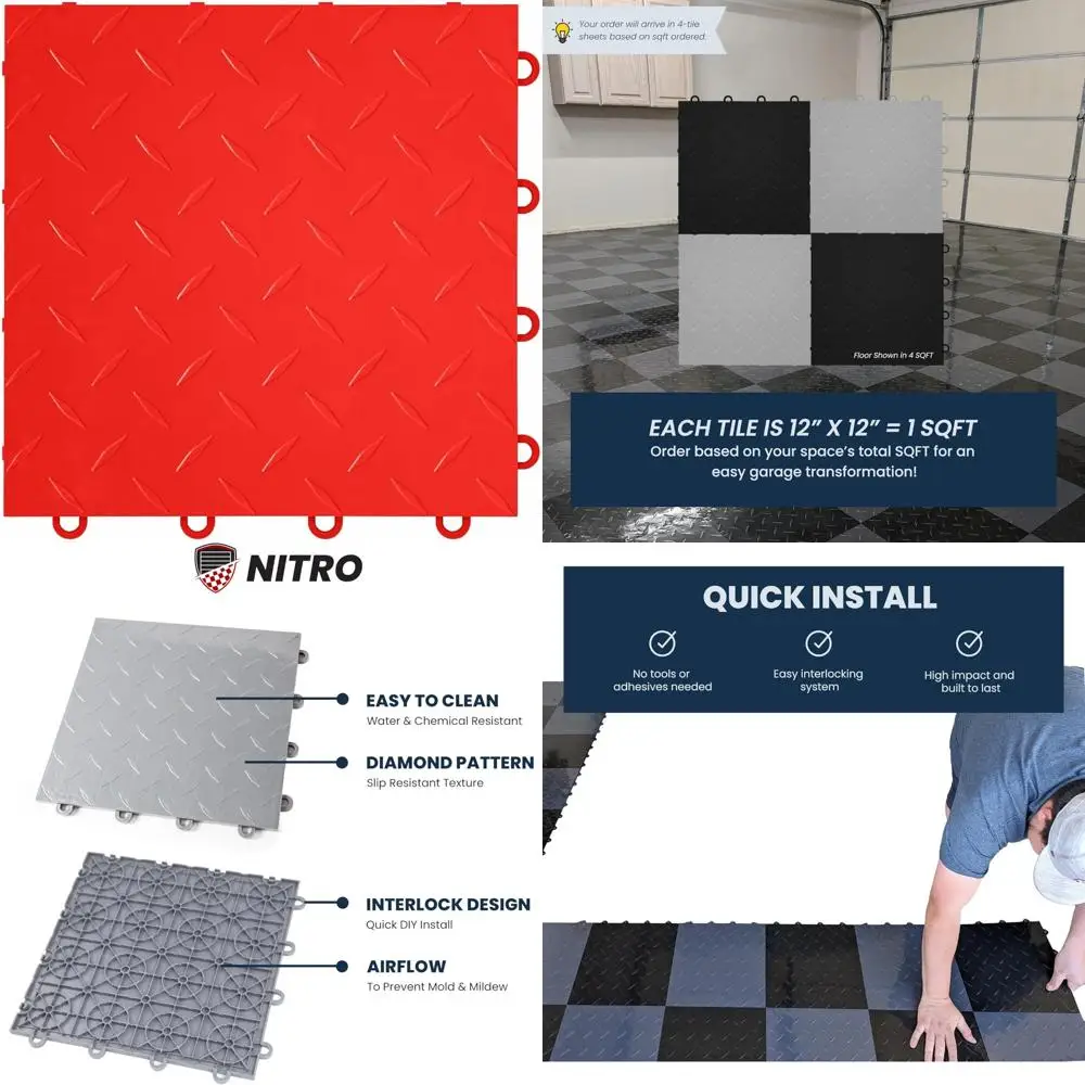 Non-Slip Interlocking Plastic Floor Tiles 12x12, Diamond Pattern, Snap-Together Garage Flooring, Victory Design