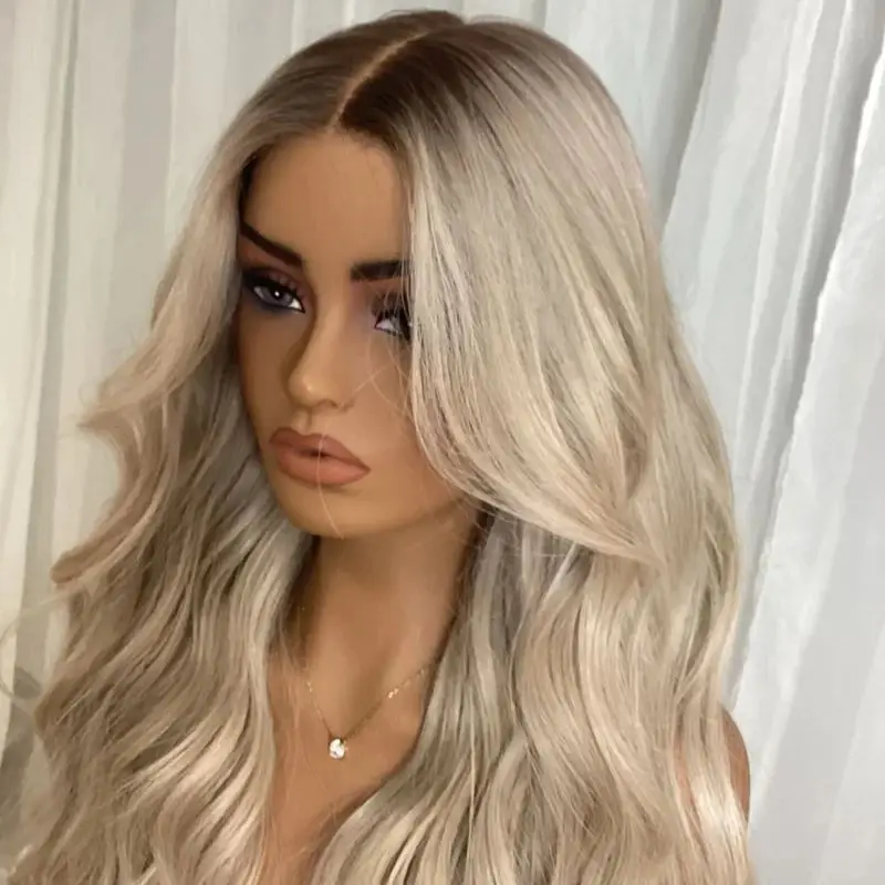 13x4 Ombre Ash Platinum Blonde Synthetic Lace Front Wig with Dark Roots New in Glueless Women's Wig 30 Inch Super Long Wave Wig