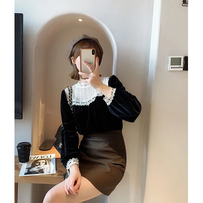 MEXZT Vintage Velvet Shirts Women Elegant Lace Patchwork Blouses Office Ladies Korean Long Sleeve Chic Tops Autumn Winter New