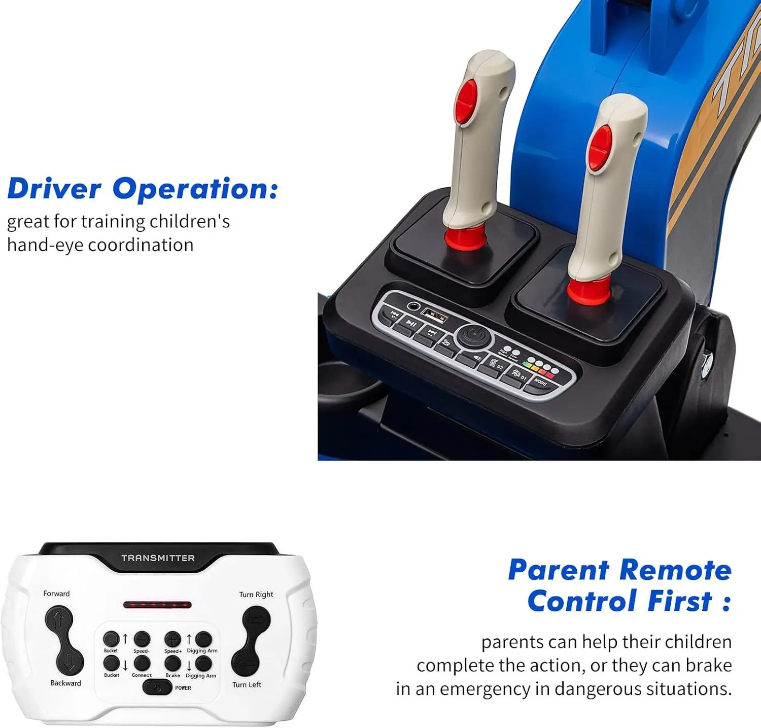 Elektryczny koparka dla dzieci, pojazd do jazdy, akumulator 12V 10Ah, 4 silniki 75W, tylne światła LED, muzyka, prezent dla dzieci w wieku 3+