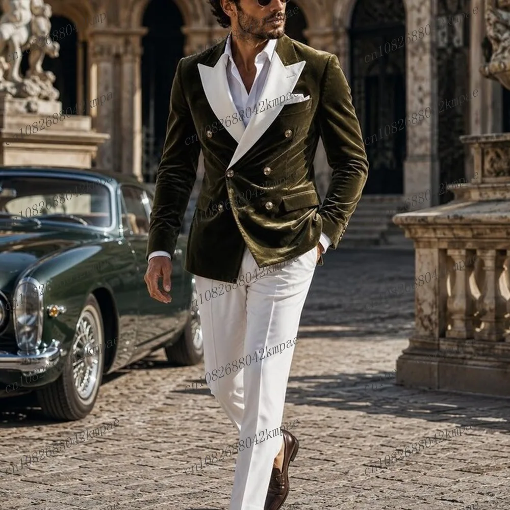 Army Green And White Velvet Men Suit Formal Business Groom Groomsman Wedding Party Prom Male Tuxedos 2 Piece Set Blazer Pants