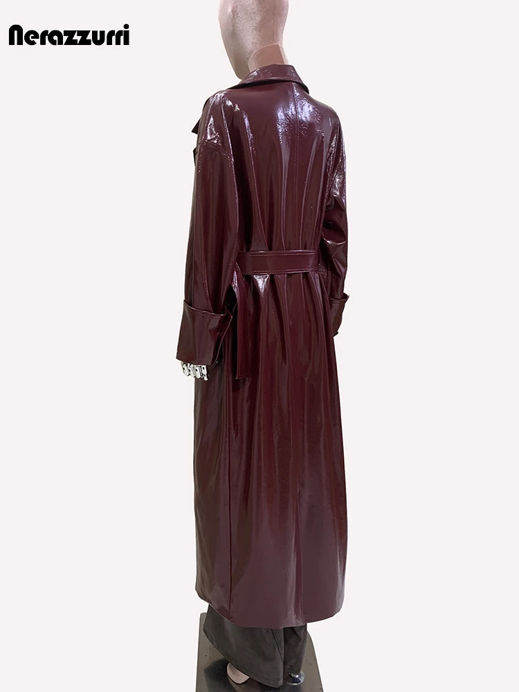 Nerazzurri primavera oversize Extra lungo Trench in pelle Pu bordeaux per cintura da donna elegante cappotto di design di lusso