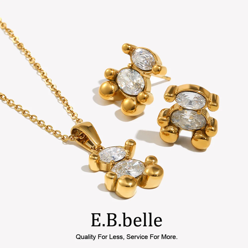 E.B.belle Cute Bear Jewelry Set Gold Plated Sitting Bear Zircon Necklace Stud Earring Smooth Edge Versatile Style Jewelry