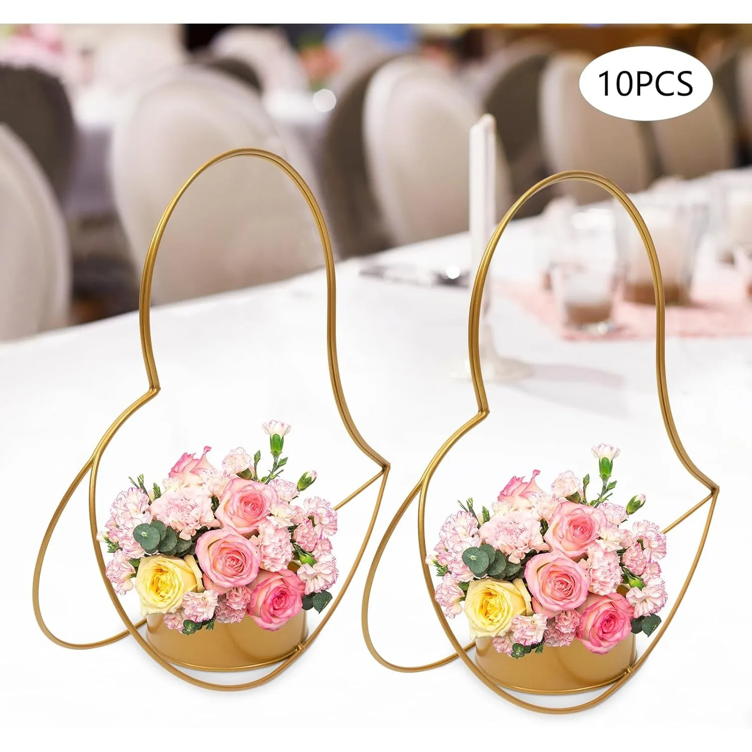 10Pcs Gold Vases for Centerpieces Wedding,Peach Heart Baskets for Weddings Party Table Decorations, DIY Party Decoration