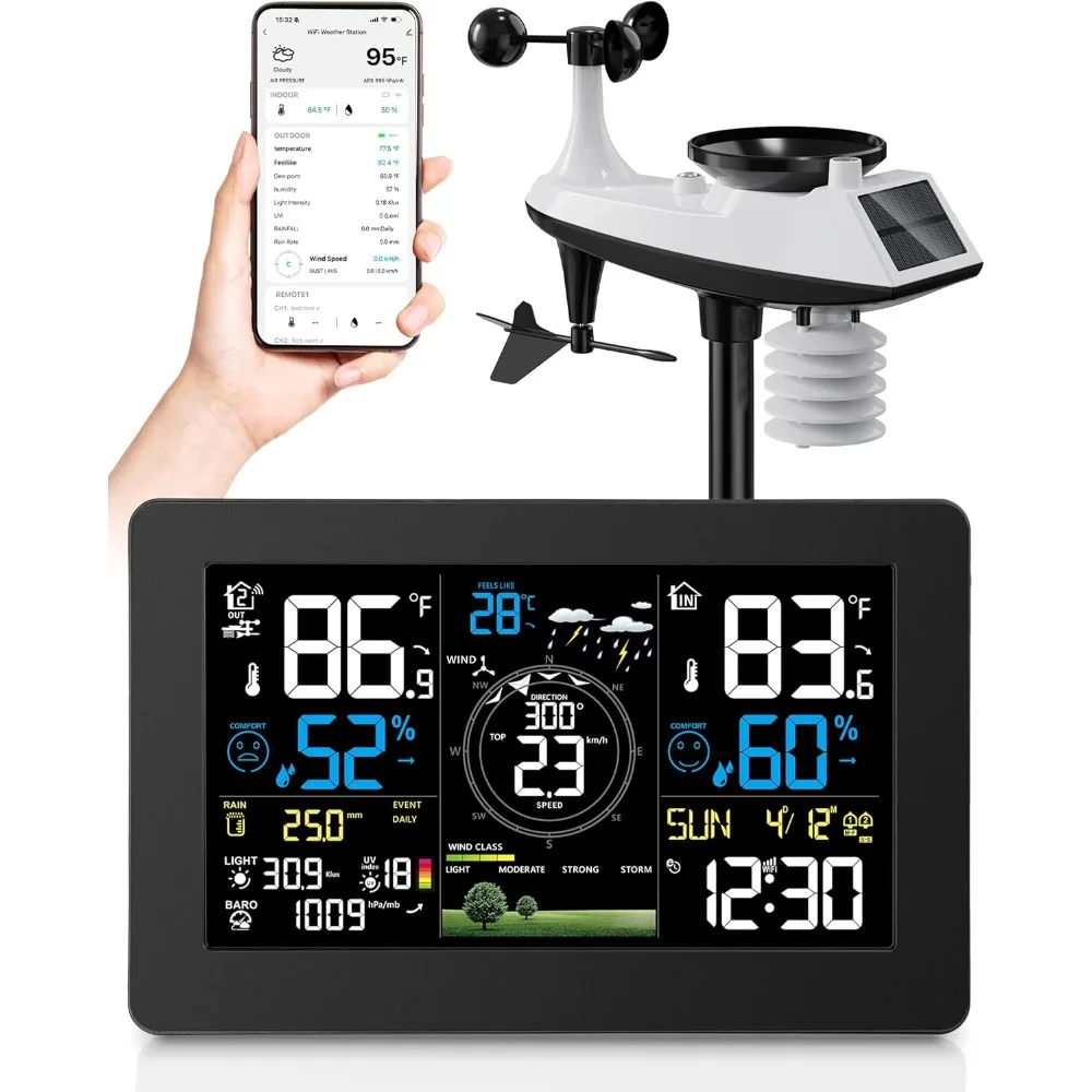 

Беспроводная метеостанция Wi-Fi для использования в помещении и на открытом воздухе, термометр с дождемером и скоростью ветра/направкой