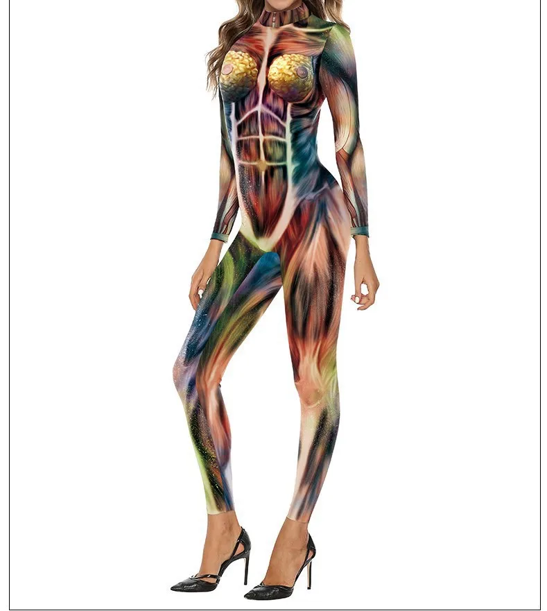 Damen Herren Karneval Cosplay Jumpsuit Skelett-Druck Halloween-Kostüm Fancy Party Catsuit Show Spandex Zentai Bodysuit Anzug – Detail 10