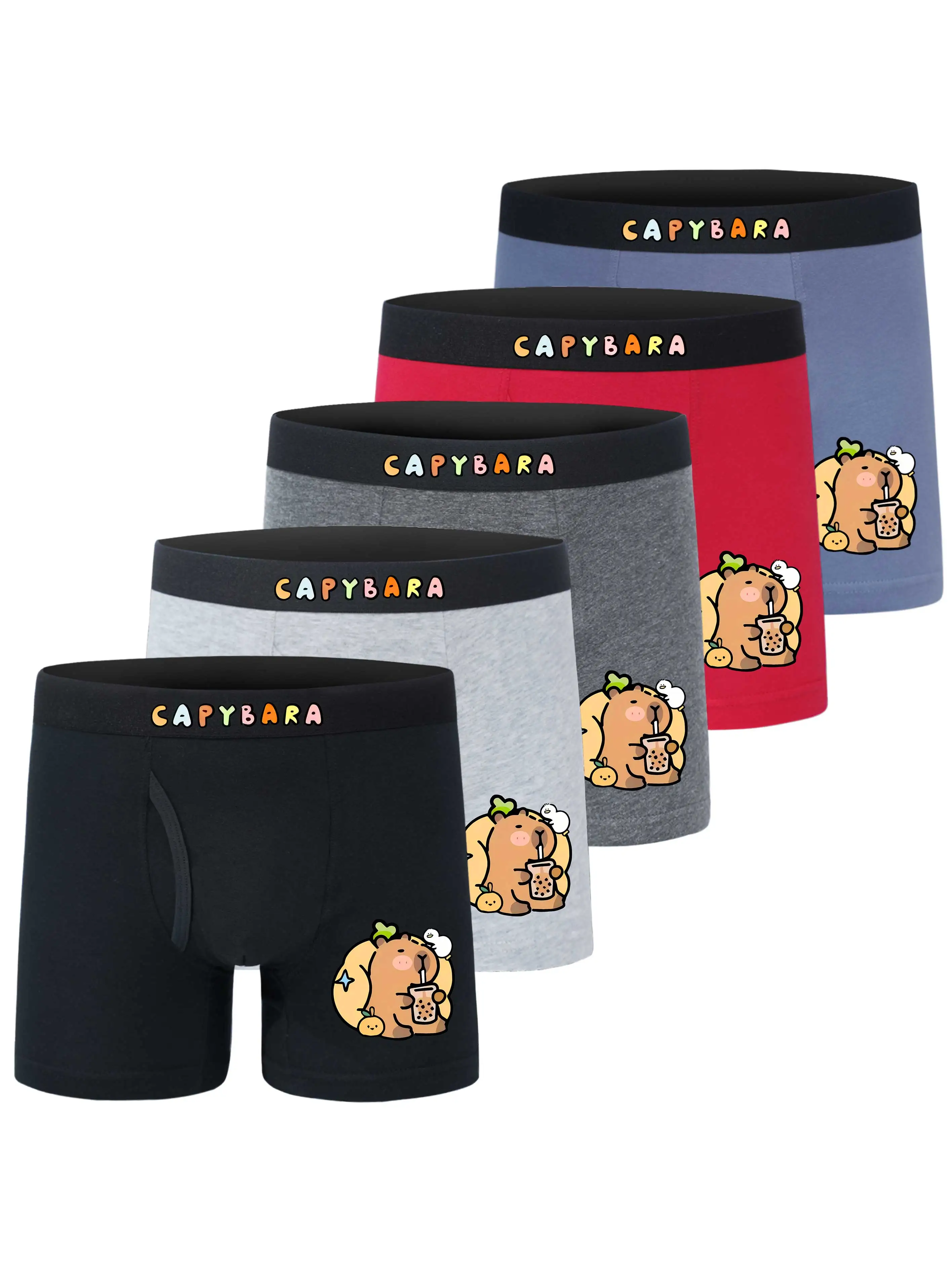

5PCS Boys' Boxer Briefs 95% Cotton 5% Elastane Comfort Fit Underwear with Cute Capybara Print