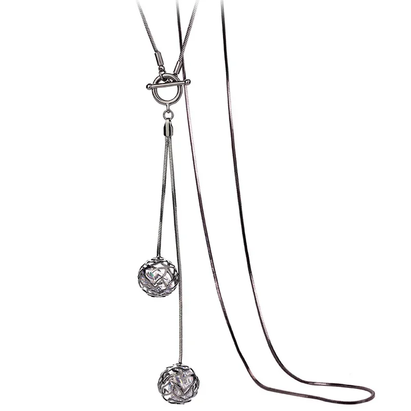 Colar de suéter feminino elegante e multiuso, colar longo com fivela em T com bola pequena e borla